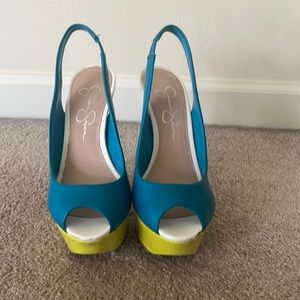 Jessica Simpson- Turquoise Blue, white and neon green stiletto heels size 7